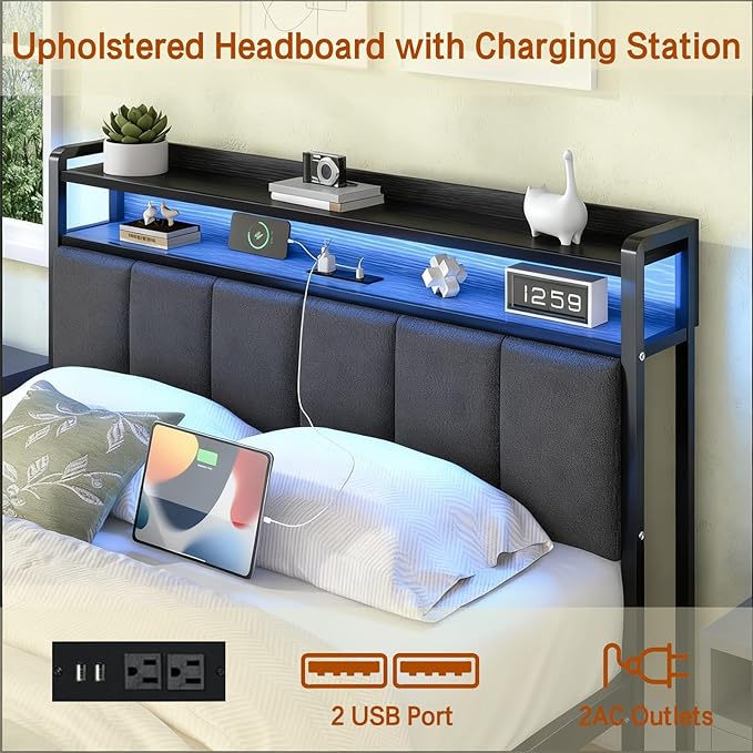 Queen Bed Frame with LED Lights and Charging Station, Metal Platform Bed Frame Queen Size with Upholstered Storage Headboard, Heavy Duty Metal Slats, No Box Spring Needed, Easy Assembly, Dark Grey