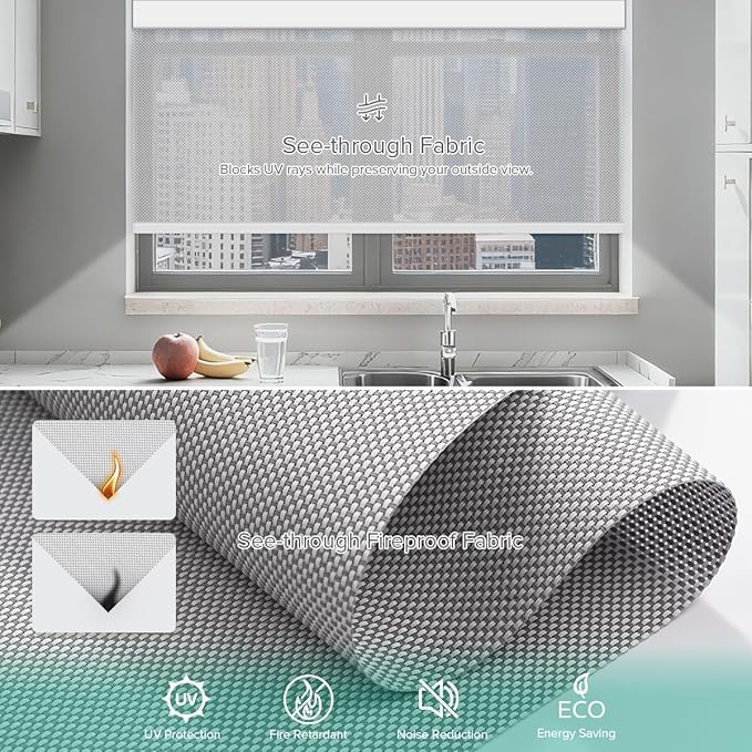 Kilonity Motorized Roller Shades, Light Filtering Remote Control Custom Window Shades Compatible with Alexa Google Assistant via RF Hub, Rechargeable Electric Blinds for Windows (Fireproof Silver)