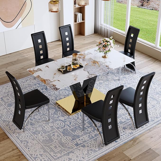 71'' Dining Table Set for 6,Modern Dining Room Table Set for 6,Marble Dining Table with 6 PU Leather Dining Chairs,Gold Dining Room Table with Glossy V-Shaped Base Ideal for Kitchen