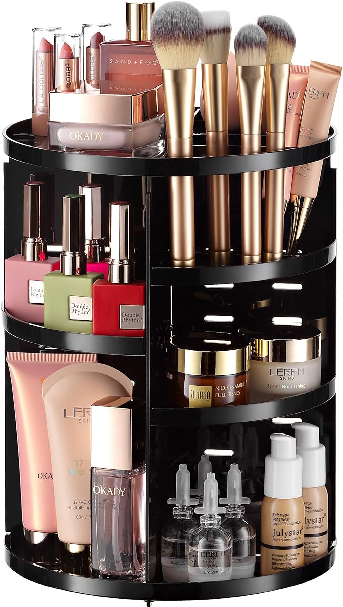 360 Rotating Makeup Organizer - Adjustable Shelf Height and Fully Rotatable. The Perfect Cosmetic Organizer for Bedroom Dresser or Vanity Countertop. (Black)