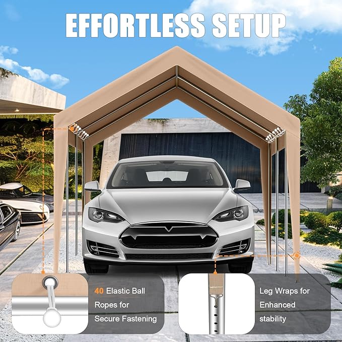 12'x20' Canopy Replacement Cover,Beefull Carport Replacement Canopy for Car Garage, Waterproof & UV Protected Tarp with Ball Bungees, Beige(Frame is not Included)