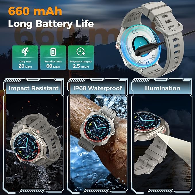 Soudorv Smart Watch, 2026 AMOLED 1.43" Smartwatch for Men Women(Answer/Make Call), 60 Days/130+ Sports/Flashlight, Heart Rate/Sleep Monitor, IP68 Waterproof Fitness Activity Tracker for Android iOS