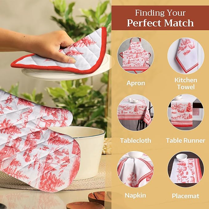 Maison d' Hermine 100% Cotton Oven Mitt & Pot Holder Set (7.5"x13" & 8"x8") Heat Resistant BBQ Cooking Gloves with Loop for Thanksgiving Christmas Decorations Handling Hot Pans (Winter Jouy)