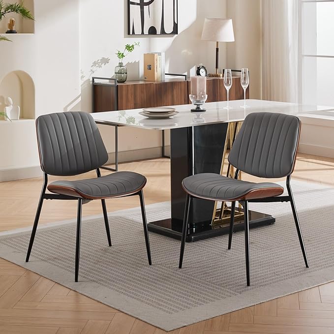 Dining Chairs Set of 2, Mid Century Modern Accent Dining Room and Kitchen Chairs, Upholstered PU Leather Vertical Stripe Chairs for Vanity with Walnut Bentwood and Metal Legs, Gray