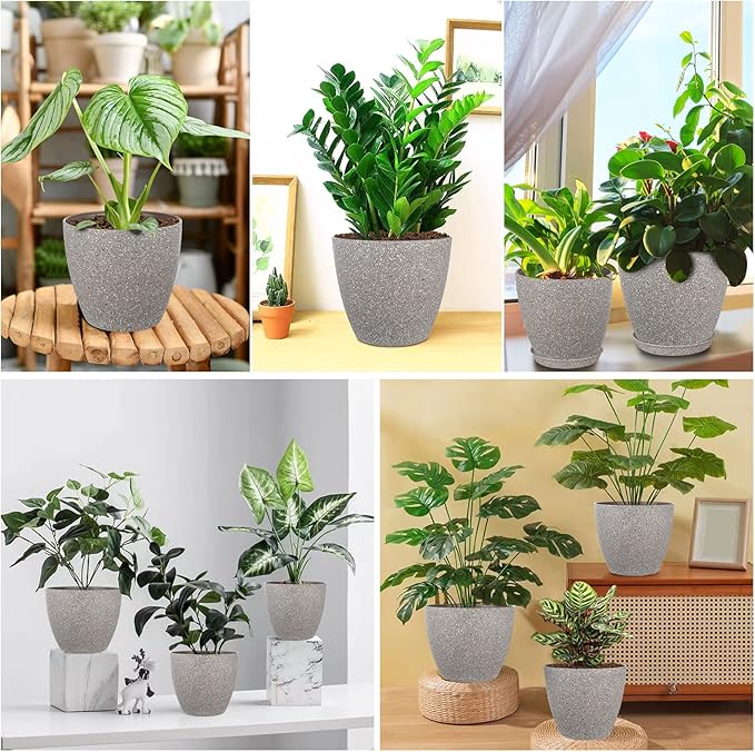 Vanavazon Plant Pots 9/8/7 Inch Set of 3 Flower Pots Indoor Outdoor Plastic Planters with Drainage Hole and Tray (Speckled Beige)