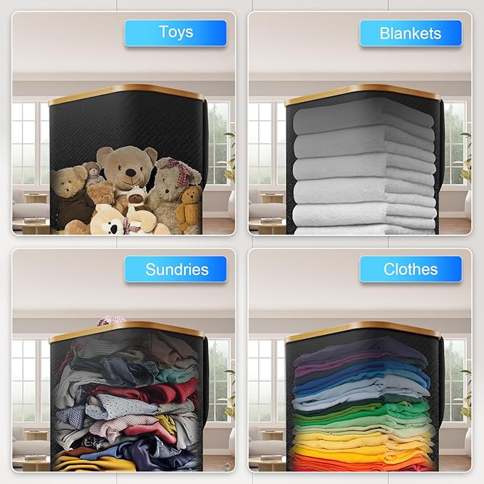 Laundry Hamper with Wheels,20 Gal (75L) Laundry Basket with lid Rolling Clothes Hamper Foldable Dirty Clothes Basket on wheels with Bamboo Frame and Bag for Bedroom, Dorm, Laundry Room-Black
