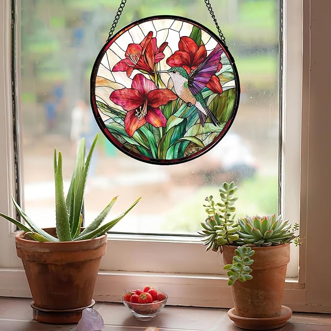 Stained Glass Window Hanging - Hummingbird On Red Lily Flower Sun Catcher for Door Garden Decor Suncatcher Christmas Mother's Day Birthday Gifts for Bird Lovers Women Men Mom Nana 11.8 in