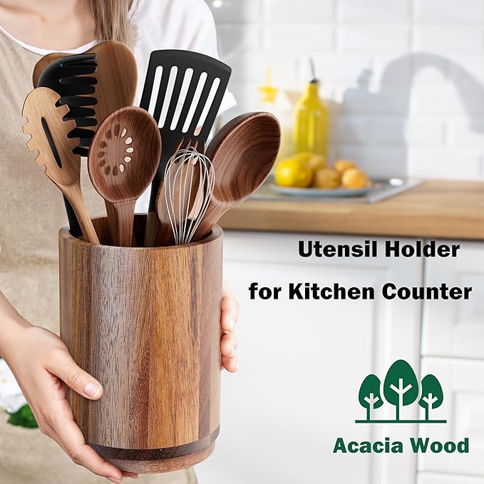Utensil Holder, Acacia Wood Kitchen Utensil Holder for Countertop, 360°Rotating Cooking Utensil Crock for Kitchen Counter, 7.2" Large Utensil Organizer for Spatula