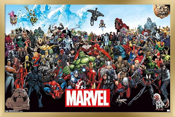 Marvel Comics The Marvel Lineup Wall Poster, 22.4L" x 14.7W", Gold Framed Version