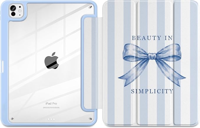 Case for iPad Pro 11 inch M5 2025 /M4 2024 Blue Ribbon Stripe | Blue Ribbon Stripe Folio Case with Clear Back Pencil Holder Trifold Stand and Auto Sleep/Wake for Preppy Aesthetic Users