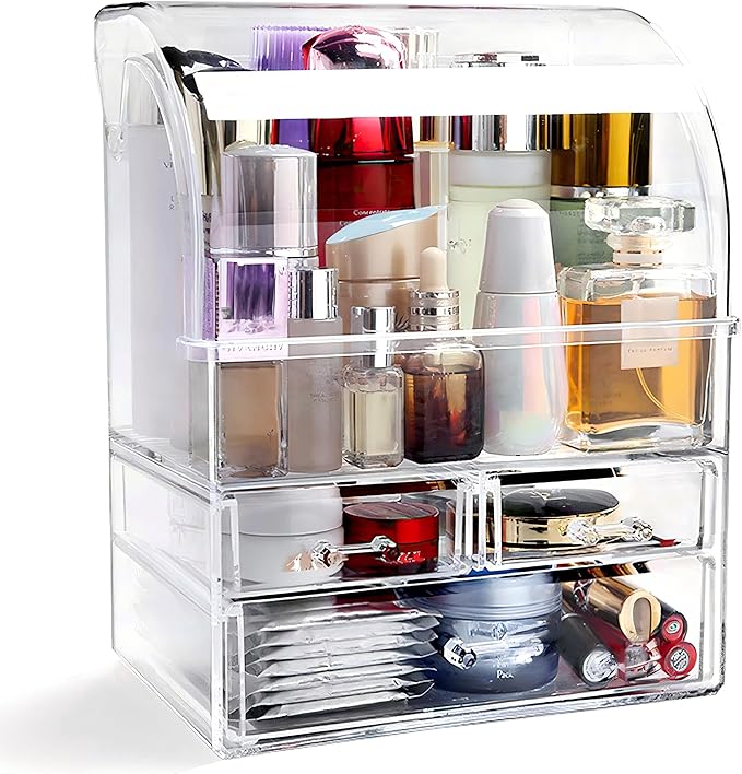 Large Acrylic Makeup Organizer With Lid Portable Dustproof And Waterproof Cosmetic Storage Drawers Box For Women (Clear, 12.5in x 9.5in x 6.3in)