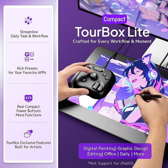 TourBox Lite - Editing Keyboard Compact, Artists Go-to Drawing Macro Keypad, Works with Clip Studio Paint & More, Creative Controller with Custom Software, Streamline All Workflows - Wired (Unit Only)