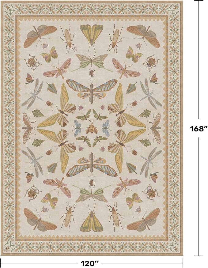Large Western Rugs for Living Room - 10x14 Insect Area Rug for Dining Room Under Kitchen Table, Washable Low Pile Soft Boho Butterfly Decor