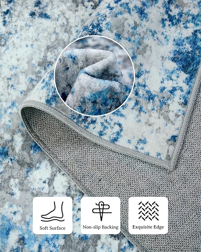 Washable Area Rug for Living Room: 9x12 Modern Abstract Neutral Soft Rug for Bedroom Dining Room No Slip Low Pile Carpet for Nursery Home Office - Grey/Blue
