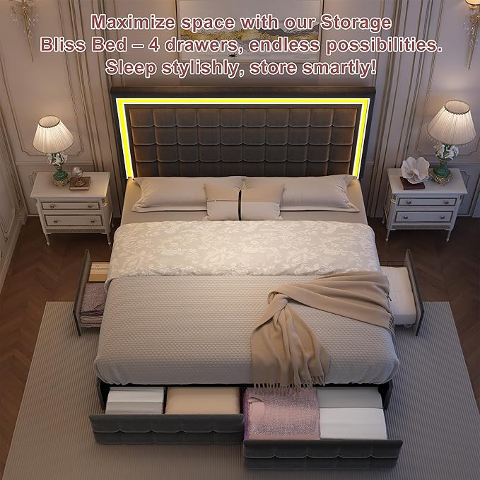 Full Bed Frame with LED Lighting and Storage Drawers, No Box Spring Needed, Supports 900 lbs, Easy Assembly, Quiet and Sturdy Design, Velvet Gray