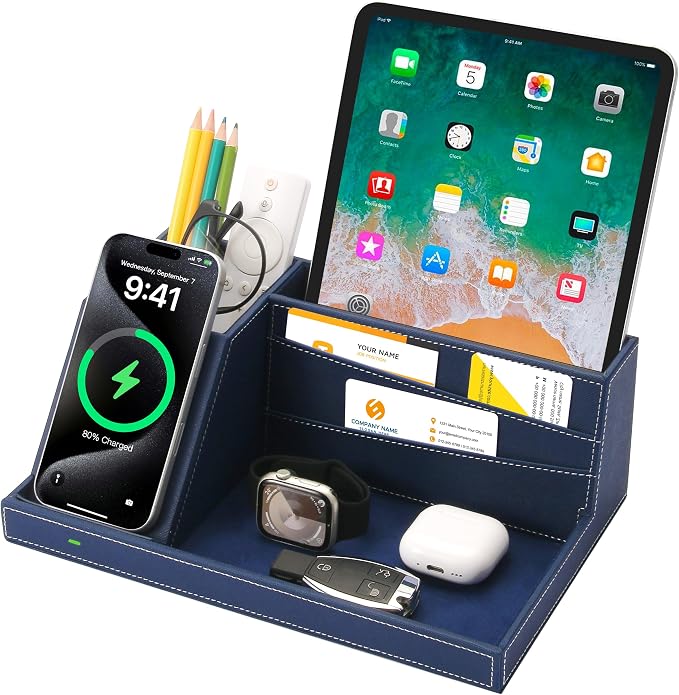 Fast Wireless Charging Station with Desk Organizer for iPhone 17/16/15/15 Pro/14/14 Pro Max/14 Pro/14 Plus/13/13 Pro Max/13 Pro/and iPhone 12/11 Series Nightstand Desktop Organizer for Home Office