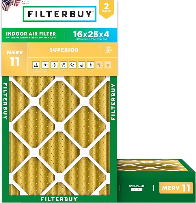 Filterbuy 16x25x4 Air Filter MERV 11 Superior Pet & Allergy Defense,
