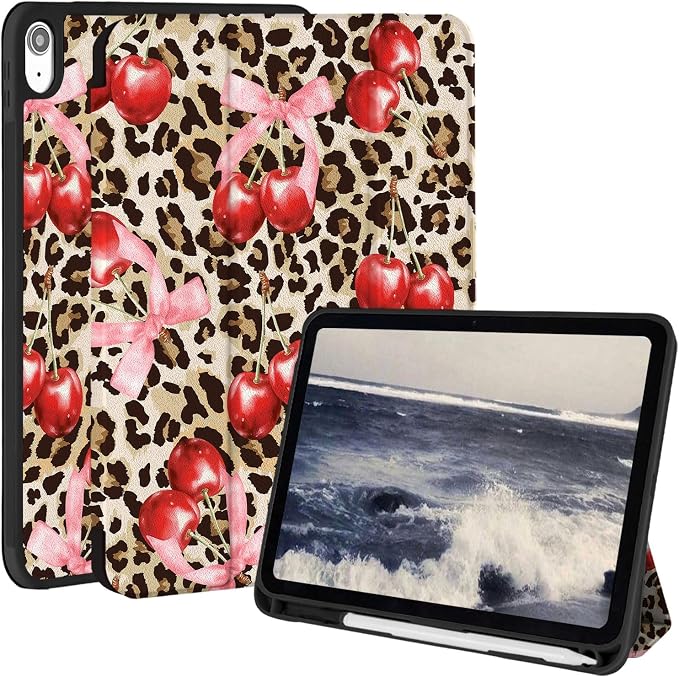 Case for iPad 9th/ 8th/ 7th Generation Case 10.2&amp10.5 Inch (2021/2020/2019 Release) Slim Lightweight Soft Trifold Back Cover with Pencil Holder &amp Auto Sleep/Wake Cover Cherries Cheetah Bows
