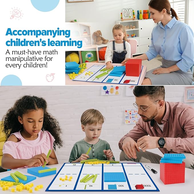 Torlam 131 PCS Base Ten Blocks - Place Value Blocks, Plastic Base 10 Math Manipulatives for 1st Grade, Addition and Subtraction Games Math Counters and Cubes for Kids