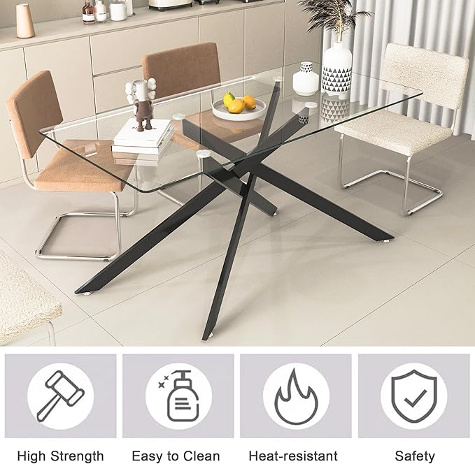 60" Rectangular Glass Dining Table Modern Kitchen Glass Top Table for 6 with Black Metal Legs, Clear Dining Table Kitchen Table for Home Office Dining Room