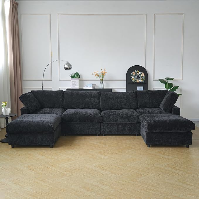 JACH U Shape Sectional Couches for Living Room, Modular Sofa with Chaise Ottomans, Cloud Sectional Couch, Sofa Covers Washable, Minimalist Couch for Living Room, Apartment, Black