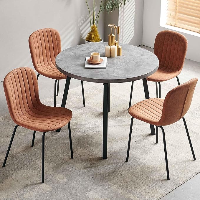 5-Piece Round Table Set for 4, 37.4" Grey Round Table with Hooks, Solid MDF Tabletop, Industrial Kitchen Table with Brown PU Dining Chairs for Living Room, Dining Room