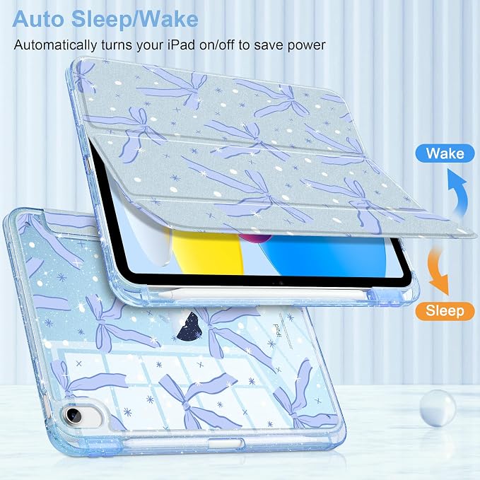 MEEgoodo Case for iPad A16 11th Generation 2025/10th Generation 2022 Glitter Tablet Cases with Transparent Acrylic Back+Trifold Stand +Pencil Holder+Auto Wake/SleepAbstract Sun &amp Palm Tree