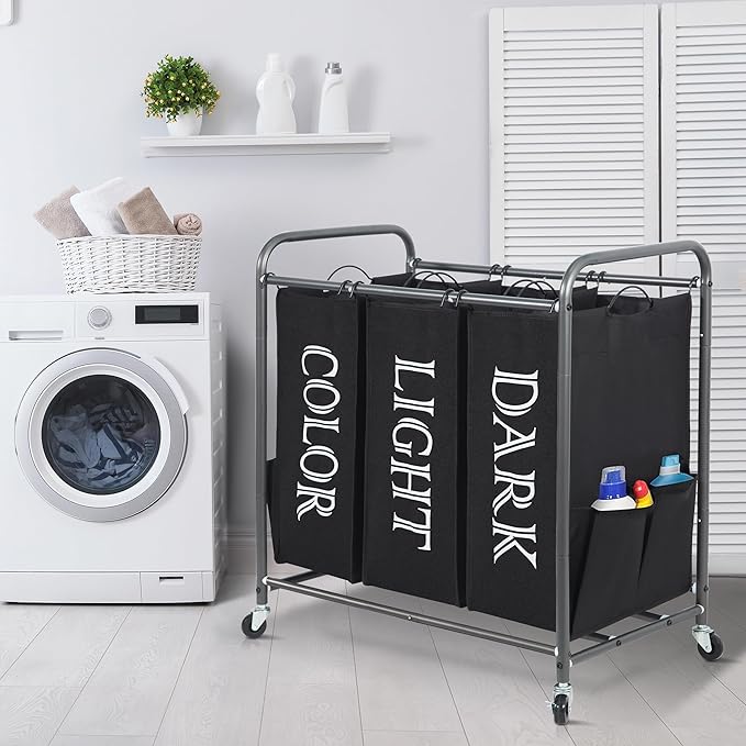 STORAGE MANIAC 3 Section Laundry Sorter, 35.9 Gal (136 L) Laundry Hamper Cart with Heavy Duty Rolling Lockable Wheel and Removable Bag, Clothes Organizer Basket Clothes Separator Hamper, Label Black