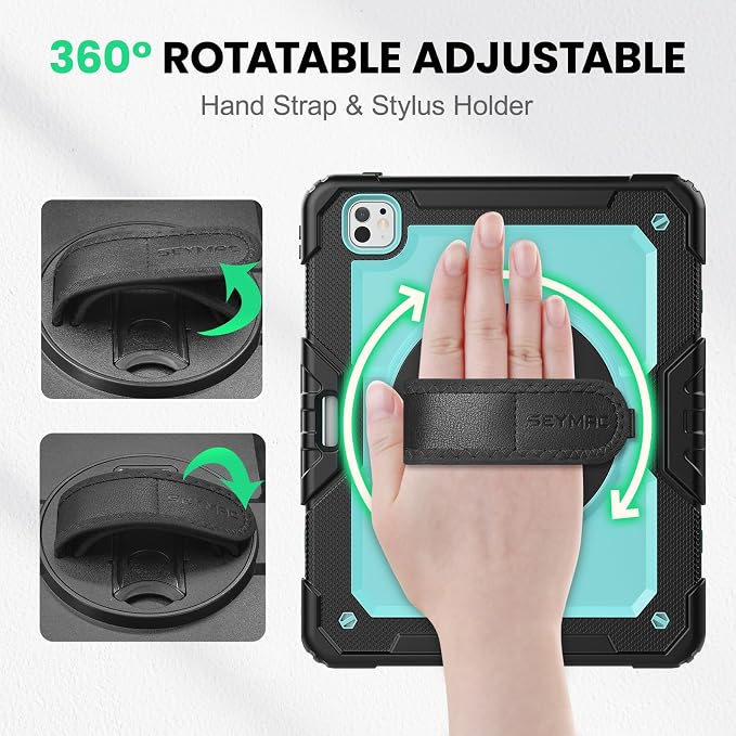 SEYMAC for iPad 9th/8th/7th Generation Case 10.2 2021-2019 Full-Body Shockproof Protective Case with Screen Protector Rotating Stand/Handle/Shoulder Strap for iPad 10.2 Blue/Black