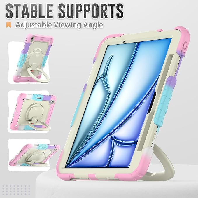SCSVPN Kids Case for iPad Air 11 Inch M4 2026 / M3 2025 / M2 2024 Heavy Duty Shockproof Silicone Protective Case with Pencil Holder-Screen Protector-Rotating Stand-Handle-Shoulder Strap (Blue+Red)