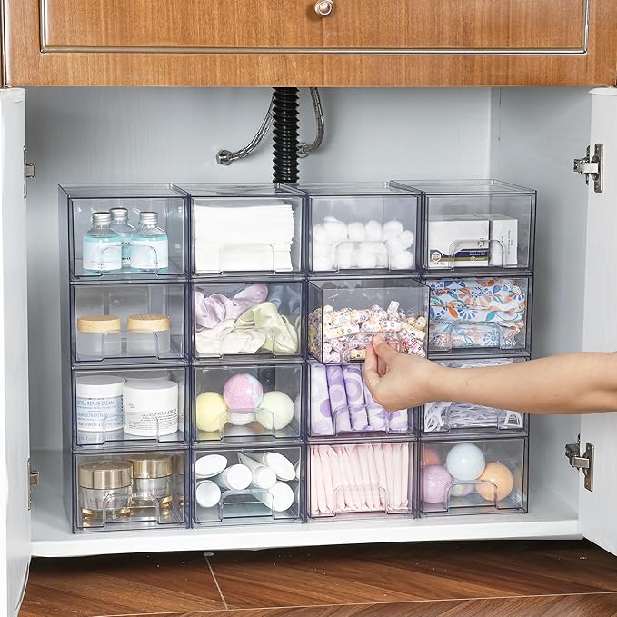 Vtopmart 6 Pack Clear Stackable Storage Drawers, 4.4'' Tall Acrylic Bathroom Makeup Organizer,Plastic Storage Bins For Vanity, Undersink, Kitchen Cabinets, Pantry, Home Organization and Storage
