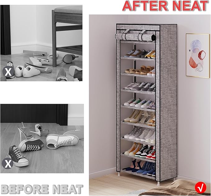 Calmootey 9 Tier Shoe Rack Organizer,Portable Shoe Shelf with Nonwoven Fabric Cover for Closet Hallway,Bedroom,Entryway, Ash Grey