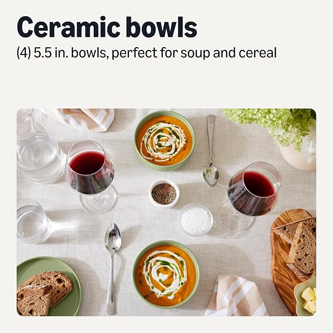 Amazon Basics Glazed Stoneware Bowls, Ceramic 4-Piece Set, Dishwasher-Safe, 5.5 in., Olive