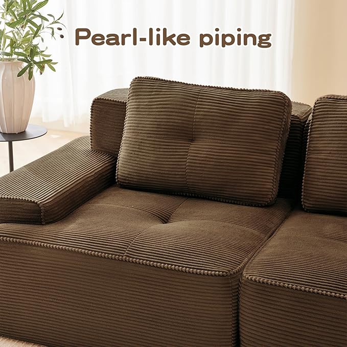 80" Modern Compressed Boneless Love Seat Couches, 2 Seater Large Sectional Couches for Living Room, Brown Corduroy Cloud Modular Sectional Sofa, Memory Foam, Extra Deep Loveseat, No Assembly