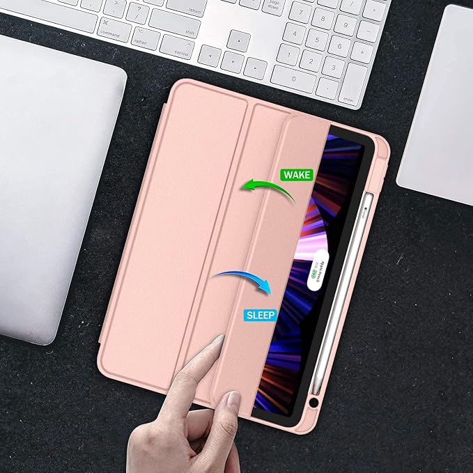 New iPad Pro 11 Inch Case 2022(4th Gen)/2021(3rd Gen)/2020(2nd Gen) with Pencil HolderSmart iPad Case [Support Touch ID and Auto Wake/Sleep] with Auto 2nd Gen Pencil Charging (Deep Pink)