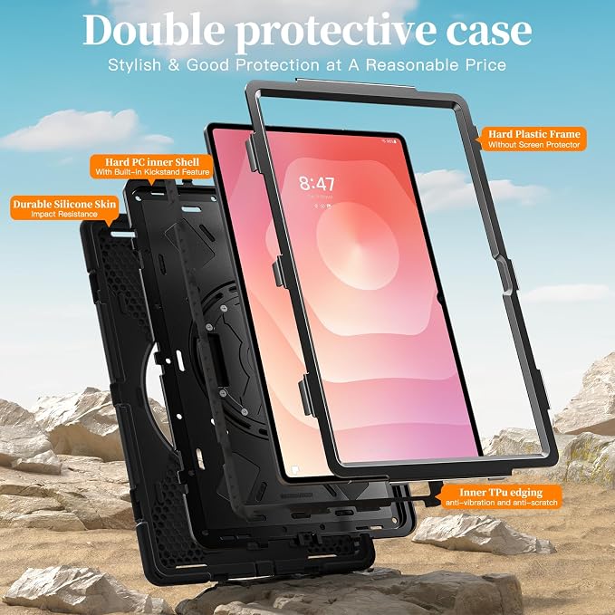 Case for Galaxy Tab S10 FE+ 13.1 2025 with Screen Protector+360 Rotating Hand Strap&ampStand+Shoulder Strap (Black)
