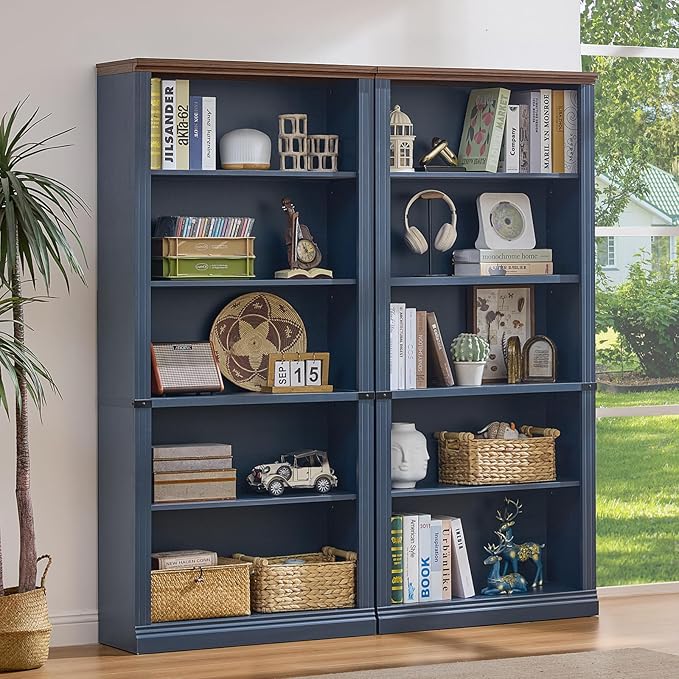 70" Blue Tall Bookshelf,5-Tier Thick Wooden Book Shelf with Adjustable Shelves,Free Standing Farmhouse Bookcase with Open Display Storage,Floor Vintage Bookshelves for Living Room,Office