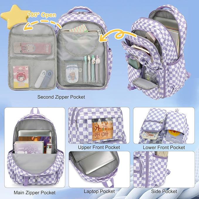 Girls School Backpack Set - Teens Kids School Bag Bookbag with Lunch Box Pencil Case for Elementary Middle School (Checkered Purple)