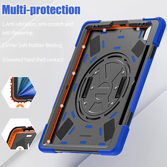 Batianda VortiGrip Case for iPad Air 11 M2/M3/M4 2024-2026 Colorful Blue | Heavy Duty Triple-Layer Rugged Case with 360° Rotating Hand Strap Foldable Hidden Stand Shoulder Strap and Pencil Holder