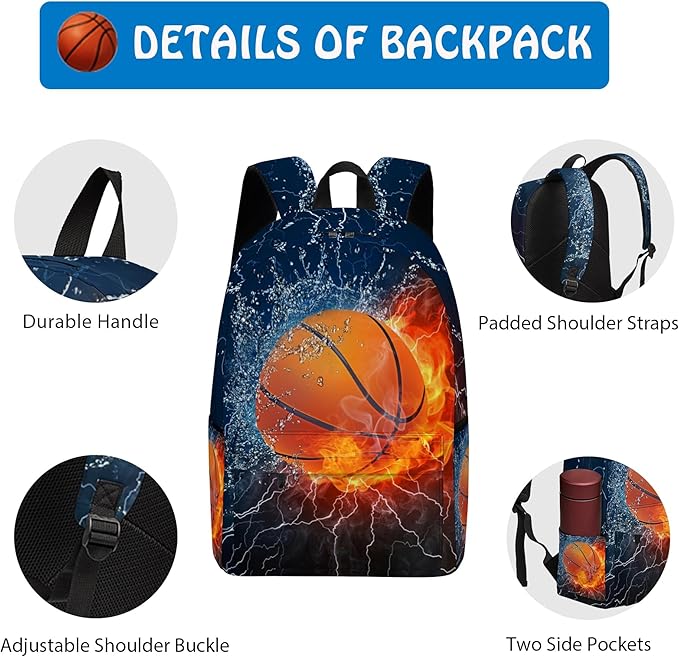 3PCS Backpack for Boys Girls, Kids Basketball Back to School Backpack Sets with Lunch Bag Pencil Case, 17 Inch Lightweight Bookpack 3 in 1 Set for Teens Elementary Middle High School Students