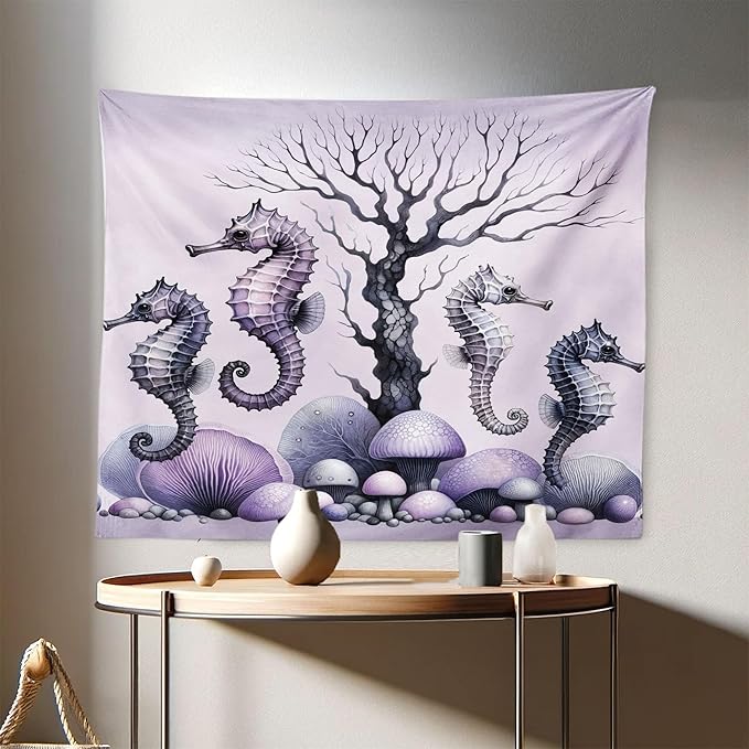 Ambesonne Purple Tapestry, Dried Tree with Mushrooms in Lilac Color Palette and Huge Seahorse Prints, Fabric Wall Hanging Decor for Bedroom Living Room Dorm, 28" X 23", Mauve and Lavender