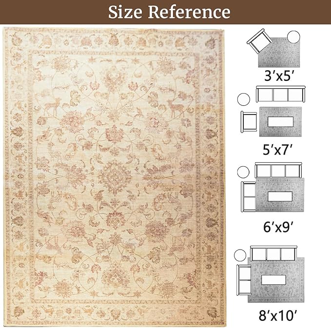 8x10 Soft Washable Area Rugs for Living Room and Bedroom, Non-Slip Stain Resistant Indoor Carpet, Cozy Floor Mat for Dining Room, Office, Under TableStain Resistant Persian Beige Floral