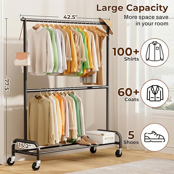 MISSLO Heavy Duty Clothes Rack for Hanging Clothes Rolling Clothing Rack Heavy Duty on Wheels for Coat, Garment, Matte Black (Double Rod)