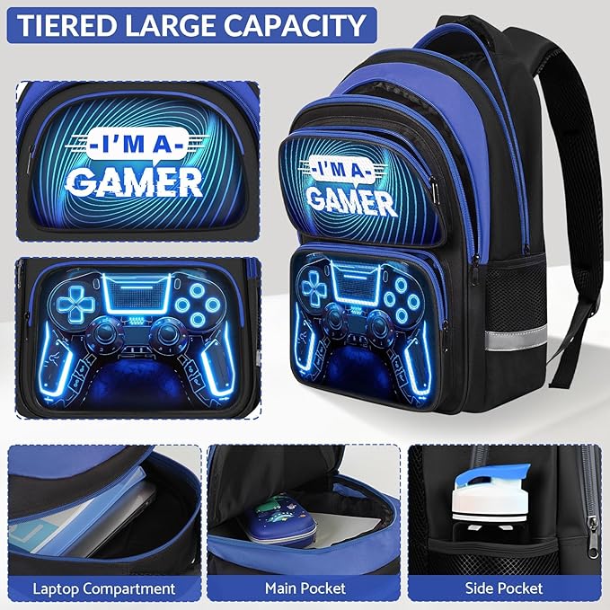 School Backpack for Boys - 3pcs Gamer Boys Backpack with Lunch Box Set for Kids Teens Elementary Middle School - 17″ Video Game Bookbag Travel Back Pack for Age 6-18
