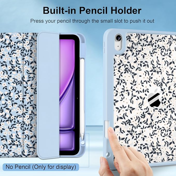MecBevia Case for iPad Air 11-inch M4 2026 / M3 2025 / M2 2024 | Built-in Pencil Holder Shockproof Clear Hard Back Trifold Stand Auto Wake/Sleep Blue Bow