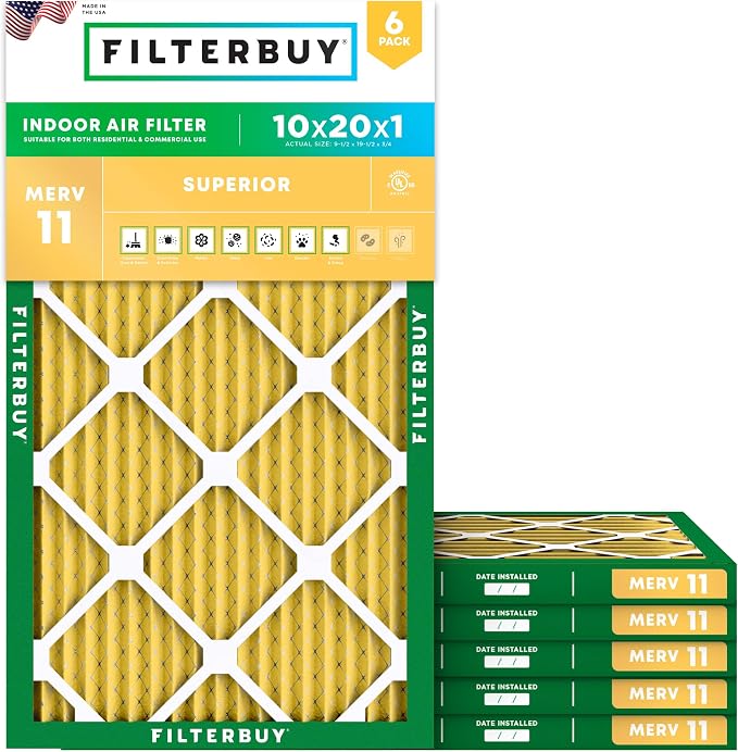 Filterbuy 10x20x1 Air Filter MERV 11 Superior Pet & Allergy Defense,