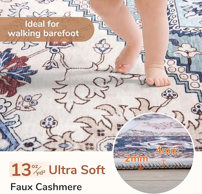 OPPODREAM Thin Entryway Rug 2x12, 2x12 Rug Runner, Washable Hallways Carpet 2 x 12 with Non Slip Backing, Low-Pile Bedside Carpet 2 x 12, Long, Faux Cashmere, Navy Blue & Red & Cream