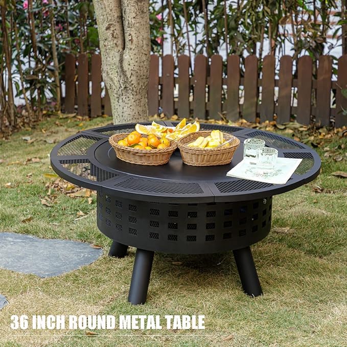 Verdeluxe 36 inch Outdoor Fire Pit with Grill,Wood Burning Firepits for Outside with Lid & Fire Poker,Metal 3-in-1 Fire Pit Table with Cooking Grate,Outdoor Fireplaces for Bonfire,Yard,BBQ（Jet Black）