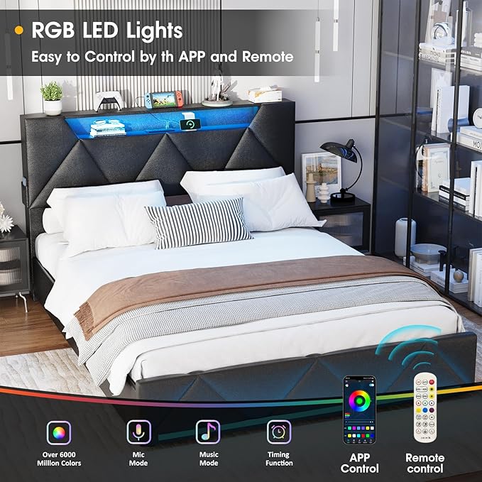 Vabches Full Bed Frame with Storage Headboard and 4 Drawers,Upholstered Platform with Charging Station and Led Lights,Adjustable Headboard with Pu Leather,No Box Spring Needed,Black