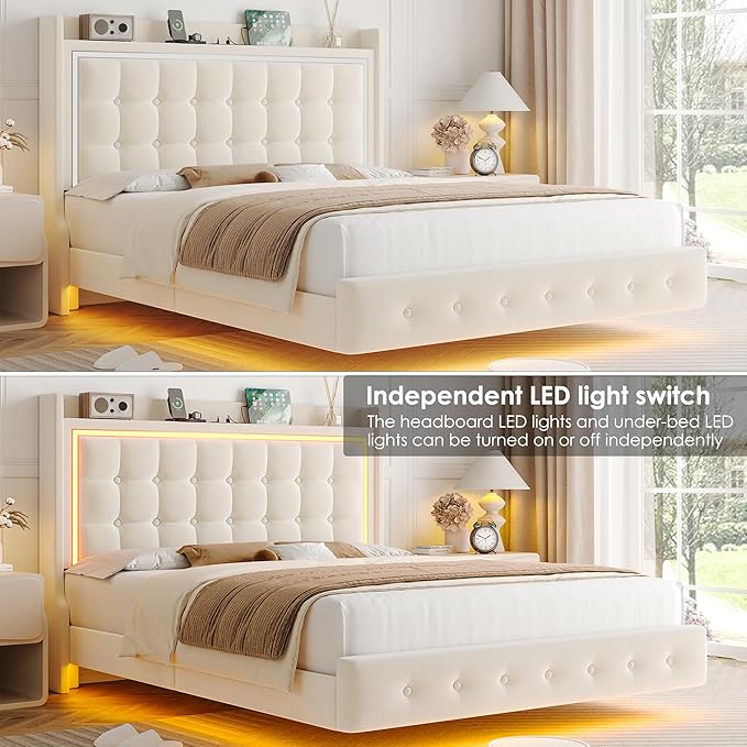 Keyluv Upholstered Full Floating Bed Frame with RGB LED Lights and Charging Station, Velvet Platform Bed with Button Tufted Storage Headboard, Type-C & USB Charging Ports, No Box Spring Needed, Beige